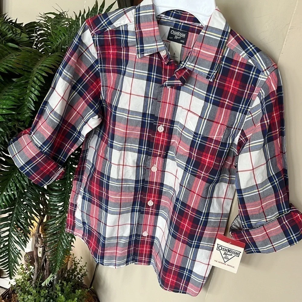Brand New OshKosh B’Gosh Plaid Button Down Shirt Collared Cotton Long Sleeve